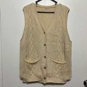 Cream Cable Knit Button Front Sweater Vest Size L Tan Cardigan Grannycore